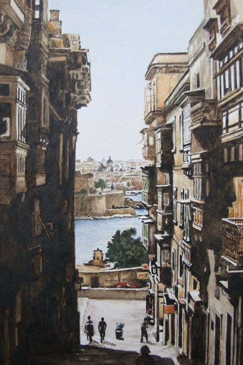Roland Gaden - La Vallette, rue des bow-windows, vue sur le fort St Ange