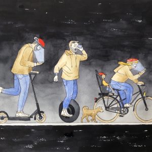 Mobilités, plus ou moins ludiques - Aquarelle, 30 x 42, 2024