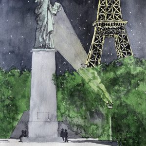 MAGA : De l'amitié franco américaine, il nous reste l'Ile aux Cygnes - Aquarelle, 40 x 27, 2025